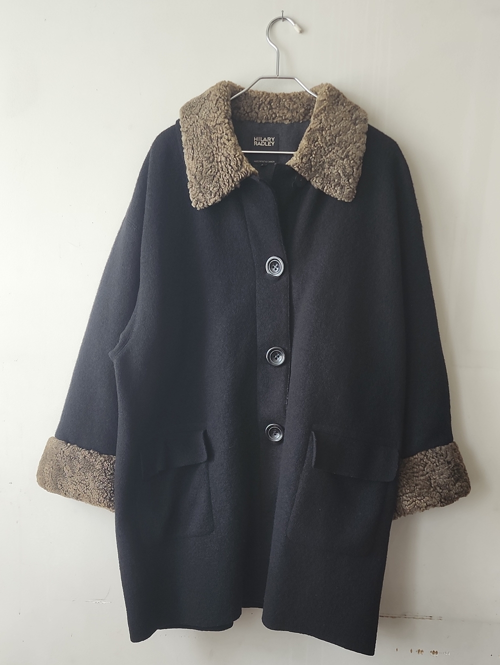 Hilary Radley Black Coat with Brown Sherpa Trim